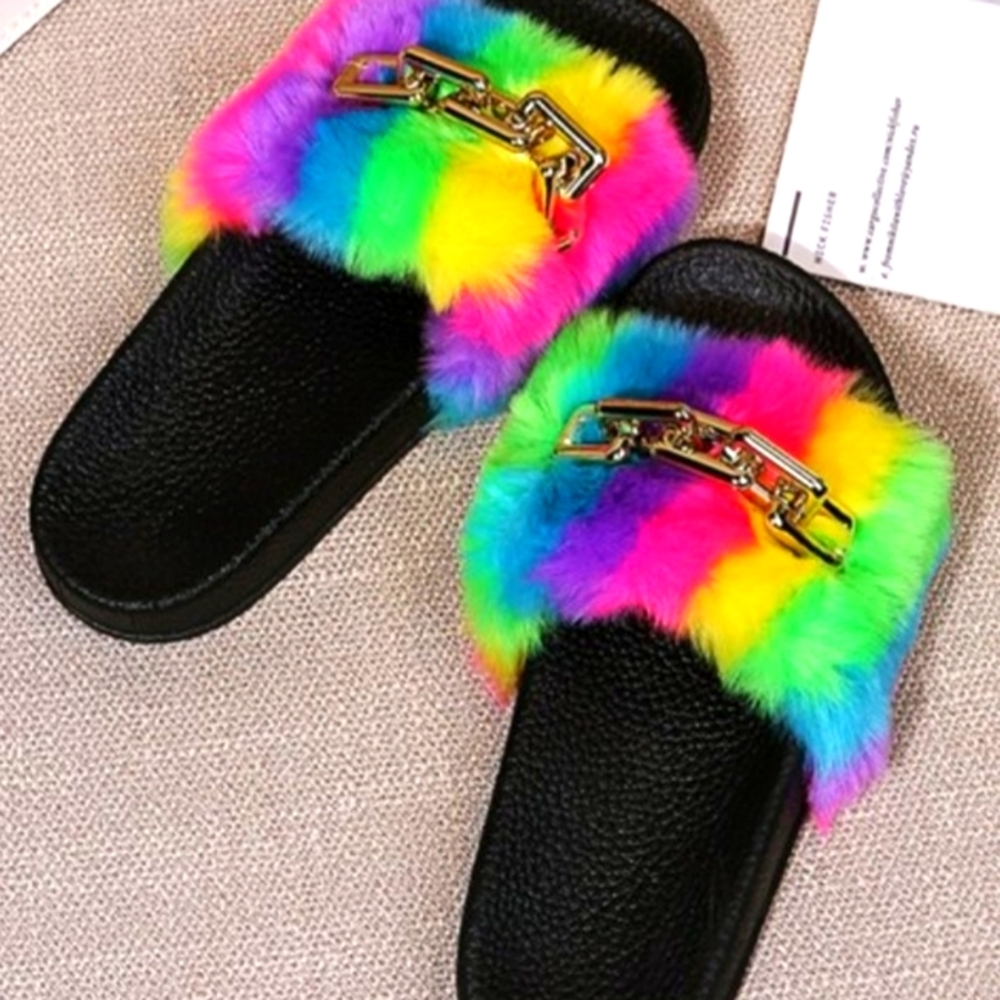 Rainbow Colored Furry Slippers with Gold Chain